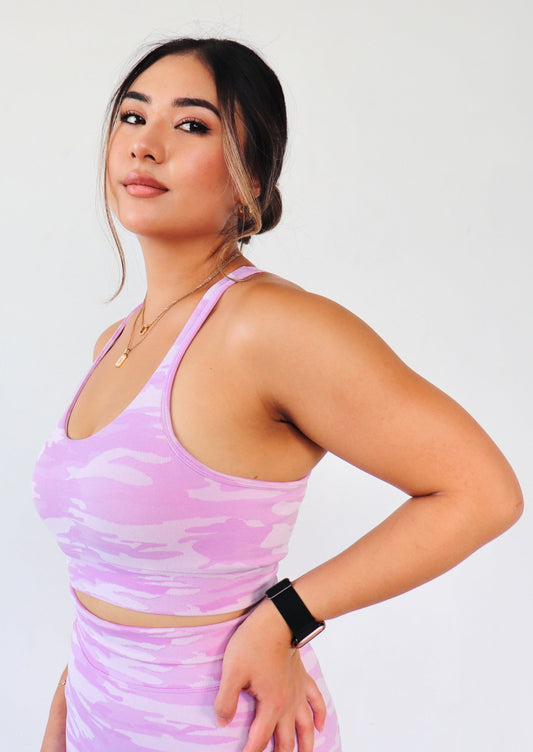 Keyhole Seamless Camo Sports Bra - Cherry Blossom