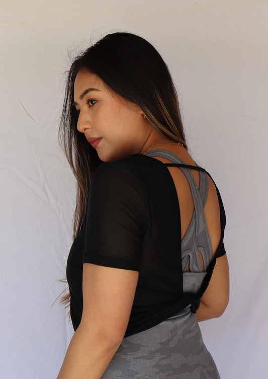 Short Sleeve Mesh Twist Back Top - Black