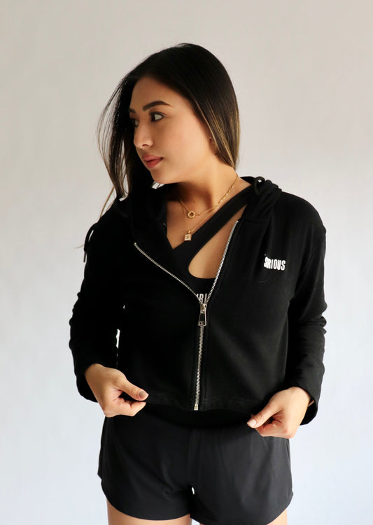 Lightweight Cropped Hoodie Throw-Over - Black