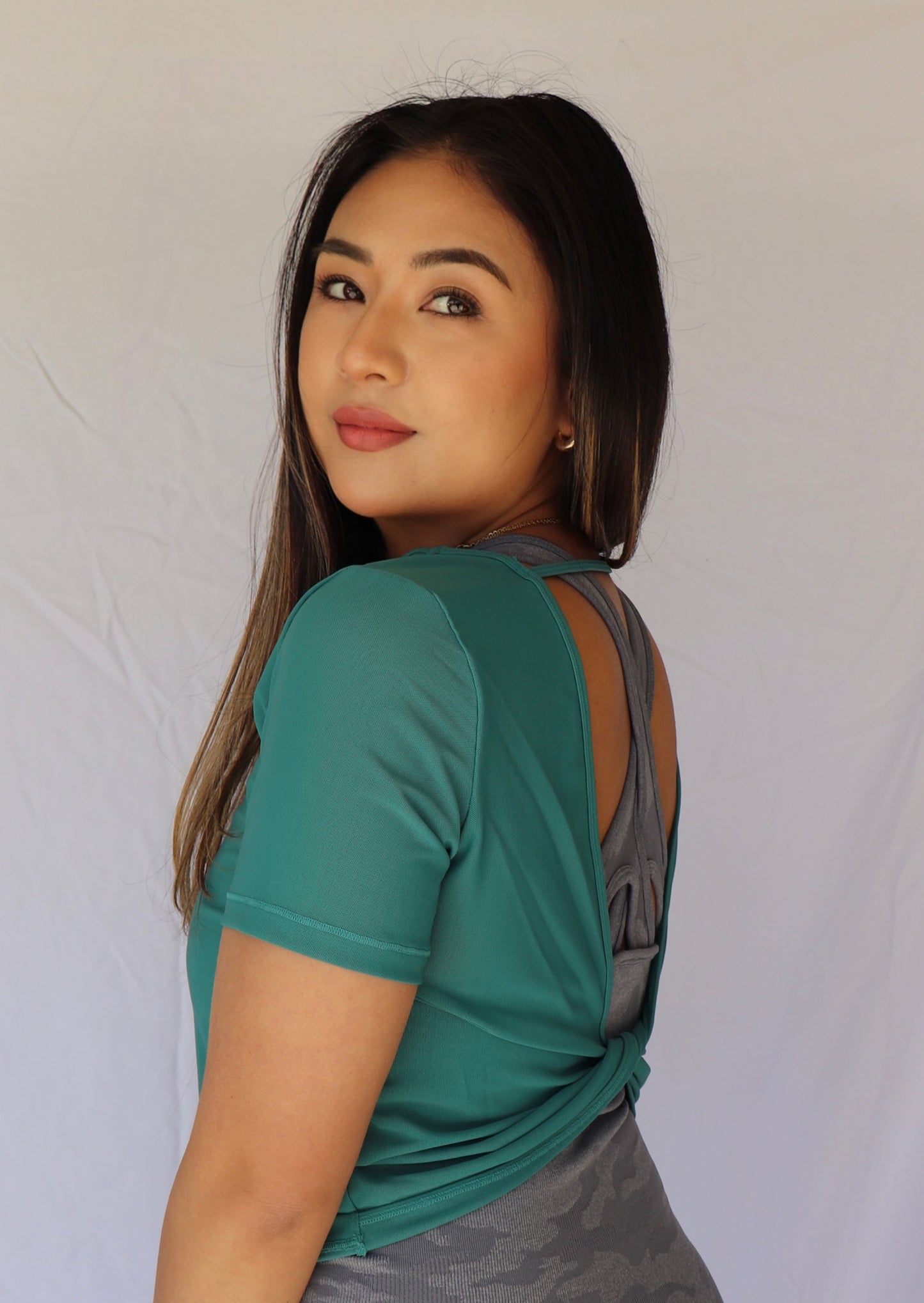 Short Sleeve Mesh Twist Back Top - Green